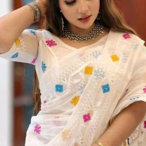 Premium White Half Silk Jamdani Print Saree for Women